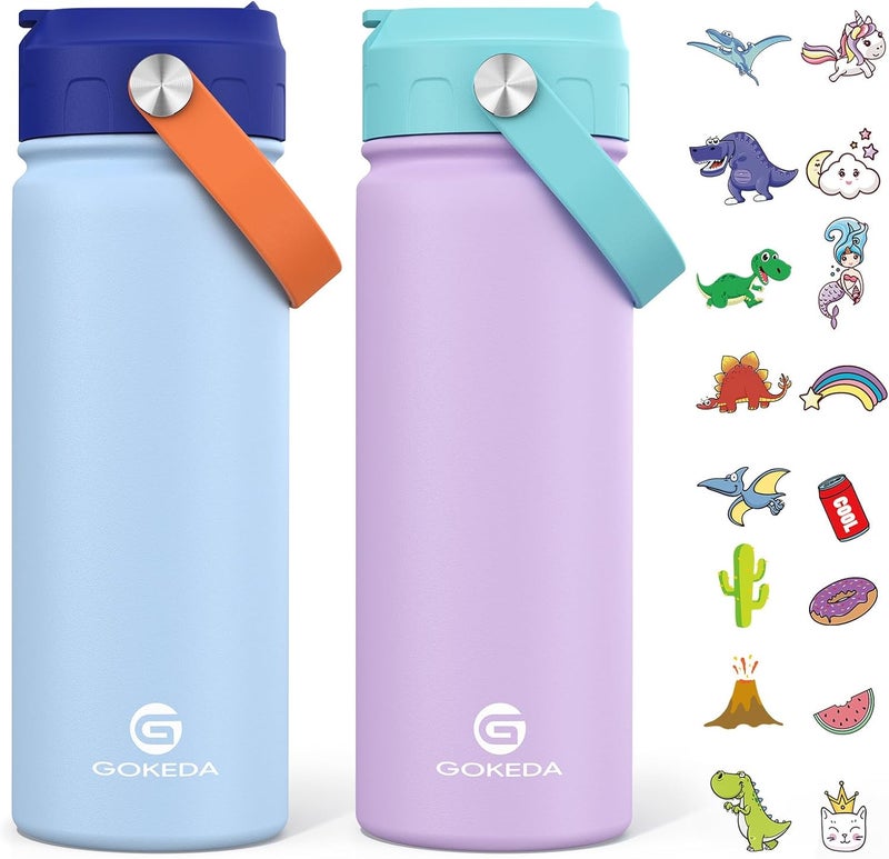 GOKEDA 18oz Kids Water Bottle, 2 Pack Insulated Bottles with Stickers, 18/8 Stainless Steel Vacuum Leak Proof Straw Cup for School, Gifts for Girls(Light Blue, Purple) - Image 1